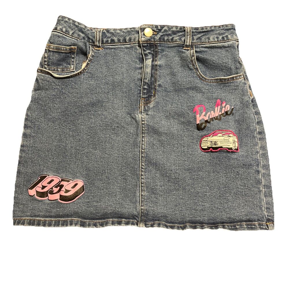 Barbie by Mattel Denim Mini Skirt Girls Size 18 Blue Jean w/ Pink Graphics